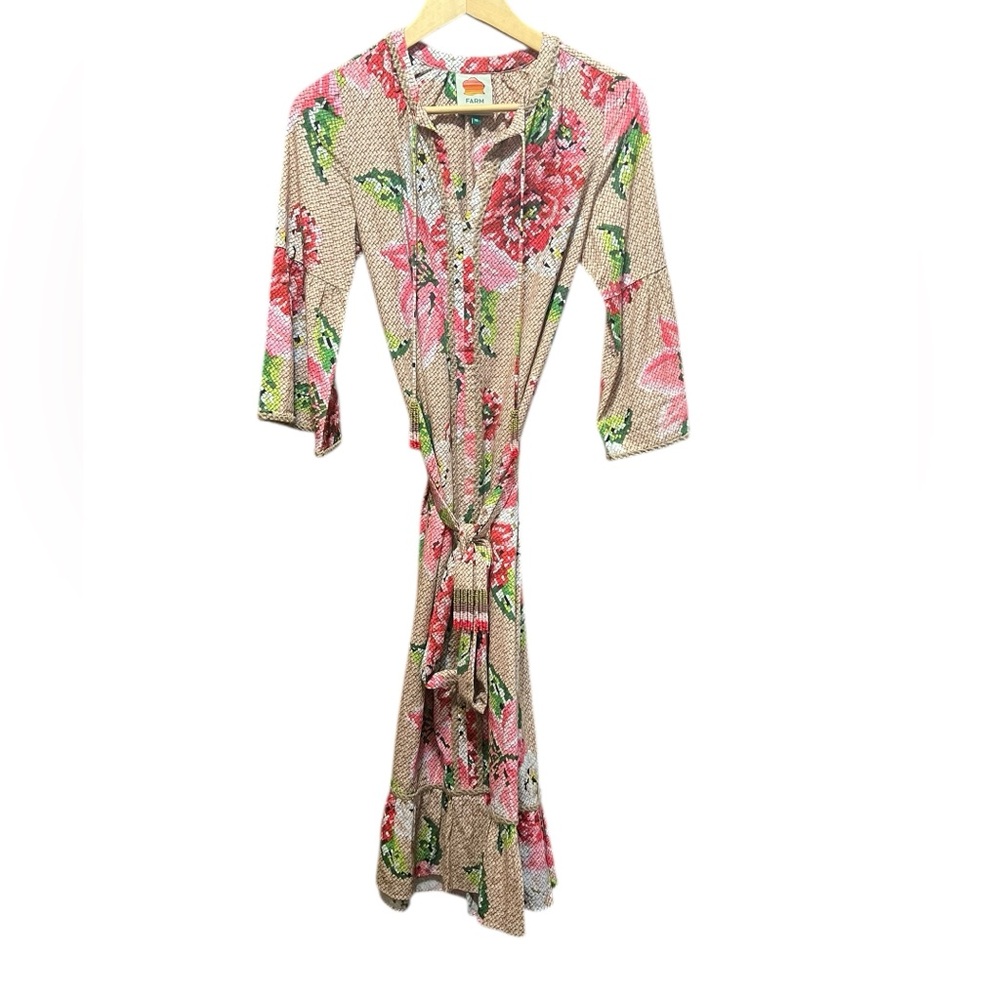 Farm‎ Rio Floral Ruffle Beaded Tassels Belt Slip-On Dress Size XS